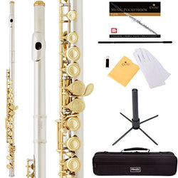 Mendini by Cecilio Premium Grade Closed Hole C Flute with Stand, Book, Deluxe Case and Warranty (Nickel Plated + Gold Keys)