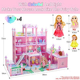 Dreamhouse, Dollhouse with LED Light/4 Floors/3 Dolls/Furniture Accessories, DIY Pretend Play Doll House with Bedroom, Kitchen, Bathroom Dreamy Princess House Pretend Toy Gift for Toddler Girls 3+