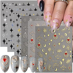 6 Sheets Sun Star Nail Art Stickers Bronzing Moon Nail Decals 3D Self-Adhesive Heart Nail Stickers Rose Gold Sliver Starlight Moon Star Nail Designs Sticker for Women DIY Acrylic Nail Art Supplies