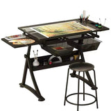 Landpink Glass Drafting Table Art Desk – Adjustable Professhional Artwork Drawing Drafting Table Desk, Glass-Topped Art Table for Craft Station Studio Home Office School w/Drawers/Chair – Black