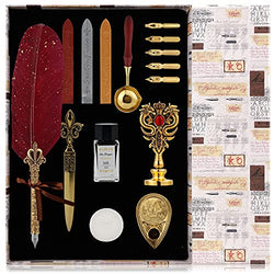 FunWr1te Quill Pen Ink and Wax Set - Feather Calligraphy Pen Set Includes 5 Nibs Sealing Stamp, 3 Colors Wax Seal Strips, Wood Handle Spoon, Gold Letter Opener, Black Dipping Ink and Candle (Red)