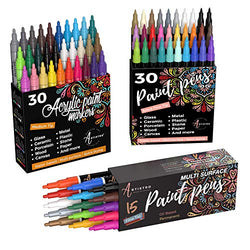30 Acrylic Paint Pens Extra Fine Tip, 30 Acrylic Paint Pens Medium Tip and 15 Oil Based Paint Markers Fine Tip, Bundle for Rock Painting, Wood, Fabric, Card, Paper, Photo Album, Ceramic & Glass