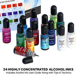 Alcohol Ink Set - 24 Highly Saturated Alcohol Inks - Acid-Free, Fast-Drying and Permanent Alcohol-Based Inks - Versatile Alcohol Ink for Epoxy Resin, Tumblers, Fluid Art Painting, Glass and Metal