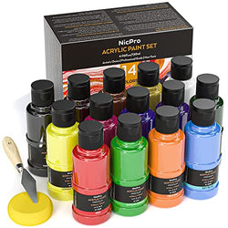 Nicpro 14 Colors Acrylic Paint, Acrylic Paint Set Bulk, 120 ml / 4.06 oz, Rich Pigments, Non-Fading, Non-toxic, Art Painting Supplies for Multi Surface, Hobby Canvas With Color Wheel, Sponge, Knife