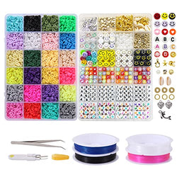6000 Pcs Clay Beads for Jewelry Making, 24 Colors Flat Polymer Heisi Beads with Smiley Face and Complete Alphabet Beads Kit for Bracelets Making (24 Color)