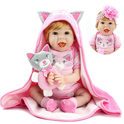 Aori Reborn Baby Dolls 22 Inch Handmade Realistic Baby Girl Doll with Kitty Hood Birthday Set for Girls Age 3