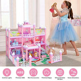 Dreamhouse, Dollhouse with LED Light/4 Floors/3 Dolls/Furniture Accessories, DIY Pretend Play Doll House with Bedroom, Kitchen, Bathroom Dreamy Princess House Pretend Toy Gift for Toddler Girls 3+