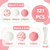 121Pcs Silicone Beads 12mm Necklace Silicone Beads Keychain Earring Making Cow Print Pink and White Silicone Round Beads and 15mm Round Beads for Jewellery Making DIY Crafting