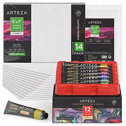 Arteza Metallic Acrylic Paint Set of 12 with 5x7 Inch White Blank Canvas Panel Boards Pack of 14, Painting Art Supplies for Artist, Hobby Painters & Beginners