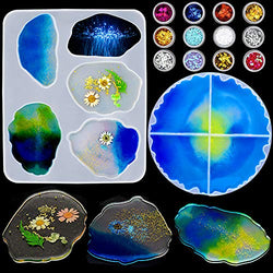 14Pcs Silicone Resin Molds Set, WEST BAY 2Pcs Large Size Irregular Coaster Molds Regular Flexible Geode Agate Resin Molds 12 Pack Shining Glitter for Making Coasters Cups Mats Home Decoration
