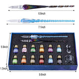 Glass Dip Pen Set with Ink, OFUN Art Caligraphy Kits for Beginners/Artist/Adults with 2 Pcs Rainbow Crystal Glass Pens, 12 Colorful Inks with Gold Powder, Cleaning Cup