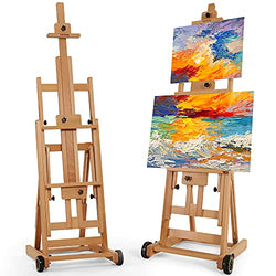 VISWIN Portable Collapsible H-Frame Easel of Maximum Height 95", Holds 2 Canvas Art, Up to 78", Movable Floor Stand Easel with 2 Silent Caster Wheels, Solid Beech Wood Artist Painting Easel - Natural