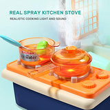 CUTE STONE Pretend Play Kitchen Sink Toys with Play Cooking Stove, Pot and Pan with Spray Realistic Light and Sound, Dish Rack & Play Cutting Food, Utensils Tableware Accessories for Toddlers Kids