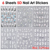 TIESOME Nail Stickers, 6 Sheets of Self-Adhesive 5D Nail Art Stickers Flowers Nail Stickers 5D Stereoscopic Nail Art Stickers Nail Design Nail Foil for DIY Nail Decoration