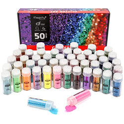 Magicfly 50 Colors Glitter Set with 6 Glow Under UV Black Light Colors, 4 Chunky Glitter with Heart