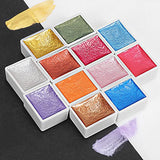 Metallic Watercolor Paints Set, Emooqi Professional Glitter Watercolour Solid Paint Box Include12 Metallic Glitter Color+2 Water Brushes+2 Color Card+Storage Bag, Ideal for Illustrations Painting&More