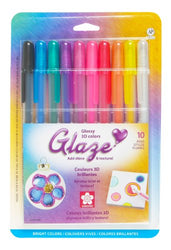 Sakura 38370 10-Piece Blister Card Glaze Assorted Color 3-Dimensional Glossy Ink Pen Set, Bright