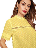 Romwe Women's Short Sleeve Stand Collar Button Embroidery Hollow Out Slim Blouse Top Yellow L