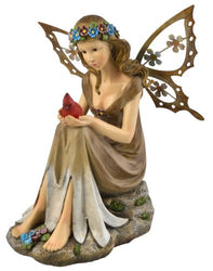 Moonrays 91351 Solar Powered Garden Fairy With Red Glowing LED Cardinal in hands, Polyresin With Hand Painted Details and Metal Wings, Rechargeable NiCd Battery, LED