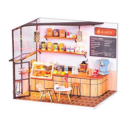 F Fityle Dollhouse Miniature with Furniture Ornaments, DIY Wooden Cafe Doll House Kit , 1:24 Scale Coffee Shop Mini House