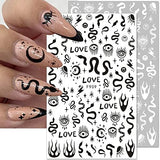 10 Sheets Gothic Nail Stickers 3D Self-Adhesive Snake Nail Art Stickers Black White Rose Flower Eye Fishbone Star Moon Design Nail Art Decorations Butterfly Nail Decals for Women Acrylic Nail Supplies