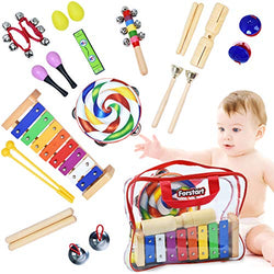 Toddler Musical Instruments - Percussion Instruments for Kids | 13 Types 25pcs Wooden Rhythm & Music Toys Set with Lollipop Tambourine Xylophone Early Learning Preschool Educational Toys Storage Bag