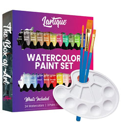 Lartique Watercolor Paint Set - 24 Vibrant Watercolor Paint Color Tubes, 3 Paintbrushes & 10-Well Plastic Color Mixing Palette - Professional Grade Arts & Crafts Supplies for Artists & Beginners