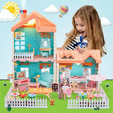 OENUX Kids Doll House,DIY Building Dreamy House Playset with Realistic Chimney,Fully Furnished and Household Appliances,2-Stories Plastic Dollhouse for 4 Year Old Girl Birthday Gifts(3 Rooms)
