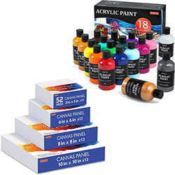 Shuttle Art Canvas Panels and Acrylic Paint Bundle, Art Painting Supplies Set for 18 Colors Acrylic Paint Bottles (240ml/8.12oz) & 52 Pack Painting Canvas (5x5”, 6x6”, 8x8”, 10x10”)