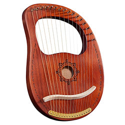 Byla Lyre Harp 16 Metal String Brown Round Hole Mahogany wood Musical Instrument with Tuning Wrench,Plectrum,Stickers,Extra Set of Strings and Bag Suitable for Adults,Kids and Beginners