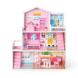 ROBUD Wooden Dollhouse with Furniture, Doll House Playset for Kids Girls, Gift for Ages 3 Years