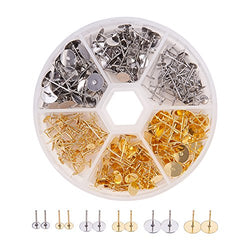 Pandahall Elite 1 Box 300 PCS 3-Size 2-Color Blank Earring Pins 304 Stainless Steel Flat Round