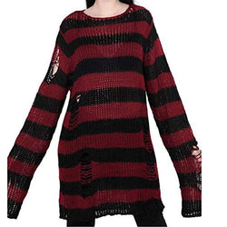 Women Punk Gothic Long Sweater Cool Hollow Out Hole Broken Jumper Loose Tops (Red, One Size)