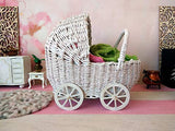 Doll stroller, miniature wicker shabby style pram for Lati Yellow 1:8 scale nursery scenes. buggy furniture