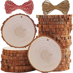 SENMUT Wood Slices 20 Pcs 3.5-4.0 inch Natural Rounds Unfinished Wooden Circles Christmas Wood Ornaments for Crafts Wood Kit Predrilled with Hole Wood Coasters, Craft Supplies for DIY and Painting