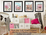 Set Of 4 Fashion City Prints, Personalized With Girl's Names, Pink Paris, London, New York & Rome, Travel Theme Room Wall Art, 6 Sizes