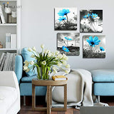 HLJ Arts Modern Salon Theme Black and White Peacock Blue Vase Flower Abstract Painting Still Life Canvas Wall Art for Home Decor 12x12inches 4pcs/set (Blue, 12x12inchesx4pcs (30x30cmx4pcs))