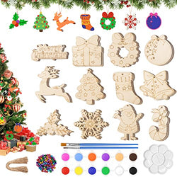 COVACURE Christmas Crafts DIY Wooden Christmas Ornaments in 12 Shapes Predrilled Unfinished Wood with Brushes, Paints, Ropes & Bells for Holiday Hanging Decorations
