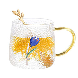 COAWG 11oz Japanese Water Ripple Glass Cup,Handicraft 3D Blue Rose Flower Cups Tea Mug With Tea Spoon Women Coffee, Tea, Juice, Beer, Milk Hot And Cold Drinks Use Gift (Blue Rose)
