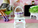 Dollhouse basket, wicker miniature accessories. White shabby storage bowl for food, fruit, flowers
