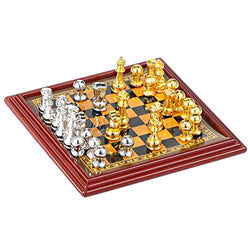 Miniature Chess Set Mini International Chess Model Include 32 Pieces Gold and Silver Mini Chess and 1 Piece 1.85 x 1.85 Inch Chessboard for 1:12 Dollhouse Miniature Decor Dollhouse Accessories