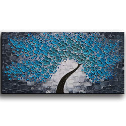 YaSheng Art -3D Oil Paintings Blue Flowers Oil Painting on Canvas Texture Abstract Art Pictures Canvas Wall Art Paintings Modern Home Decor Abstract Paintings Ready to Hang 24x48inch