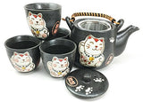 Japanese Design Maneki Neko Lucky Cat Black Ceramic Tea Pot and Cups Set Serves 4 Beautifully