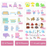 Dreamhouse, Dollhouse with LED Light/4 Floors/3 Dolls/Furniture Accessories, DIY Pretend Play Doll House with Bedroom, Kitchen, Bathroom Dreamy Princess House Pretend Toy Gift for Toddler Girls 3+