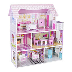 Wooden Dollhouse for Little Girls, Doll House with 9 Furniture Pieces Toys Gift for 3 4 5 6 Year Old Kids Toddlers