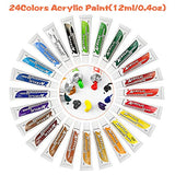 37 PCS Acrylic Artist Paint Set - with 24colors Acrylic Tubes, 6 Brushes, 6 Plastic Mixing Knife, 10 Well Portable Palette