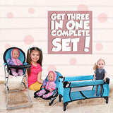 Mommy & Me 3 In 1 Baby Doll Accessories Mega Deluxe Playset with Doll High Chair, Doll Bouncer, and Doll Pack N Play Baby Doll Crib, Fits 18 Inch American Girl Doll, Blue