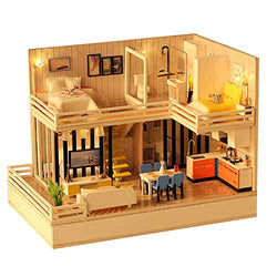 ROOMLIFE DIY Dollhouse Kit Tiny House Whole Kit 2 Floors Loft with 3 Bedroom,2 Bathrooms Kitchen,Sofa with Blue Tooth Speaker Great DIY Gift Miniature Dollhouse for Adults Dust Cover ,LED Lights