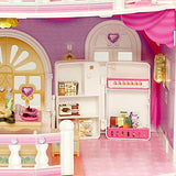 KAINSY Dollhouse for Girls, Large Castle Two-Story Playhouse Dolls Dream House Playset with Dolls, Lights, Furniture and Accessories Kit, Included Living Room, Bedroom, Kitchen and Bathroom, Pink
