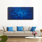 Large Abstract Dark Blue Square Wall Art Hand Painted Textured Oil Painting on Canvas Ready To Hang 60x30inch